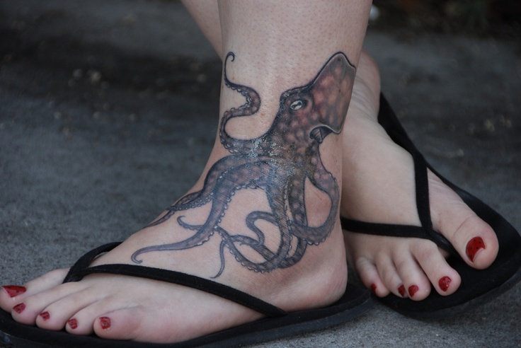 Cool Black Ink Octopus Tattoo On Girl Left Foot