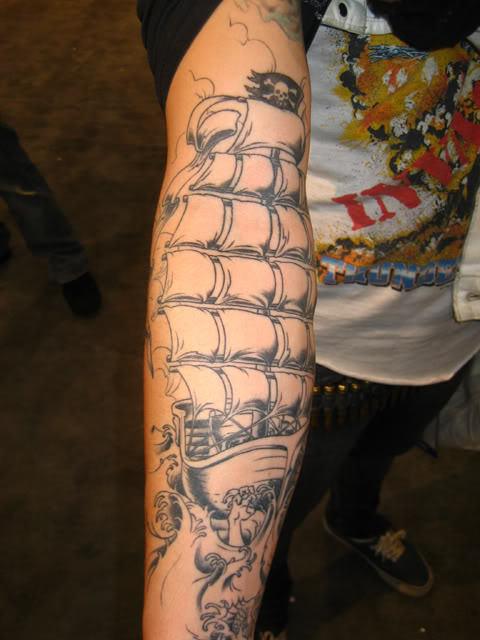 Cool Black Ink Pirate Ship Tattoo Design For Forearm