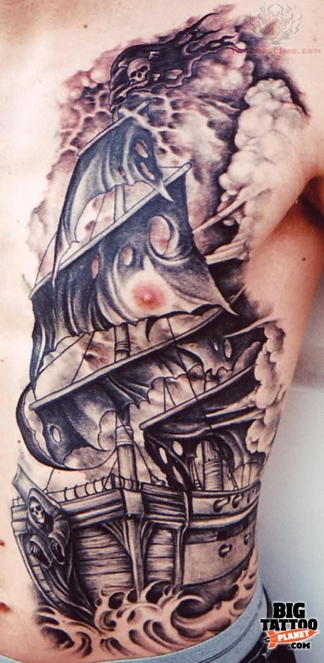 Cool Black Ink Pirate Ship Tattoo On Man Left Side Rib