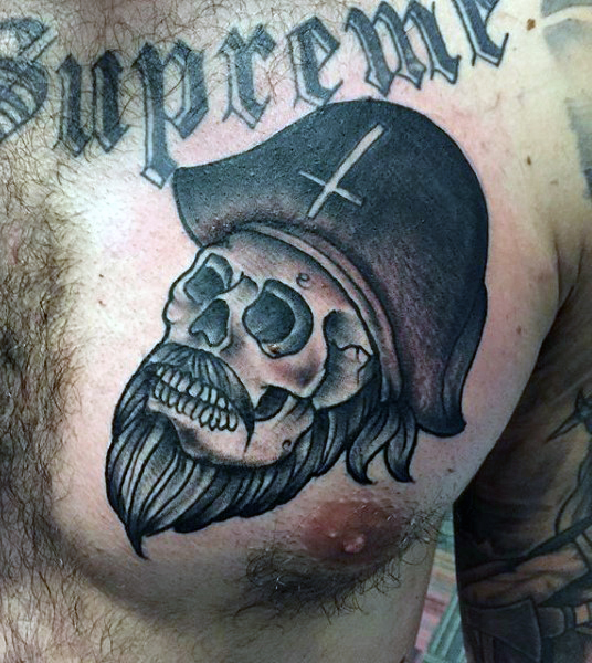 Cool Black Ink Pirate Skull Tattoo On Man Chest
