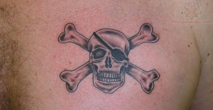 Cool Black Ink Pirate Skull With Crossbone Tattoo Design For Chest