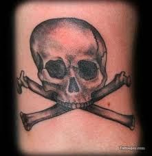 Cool Black Ink Pirate Skull With Crossbone Tattoo Design For Sleeve