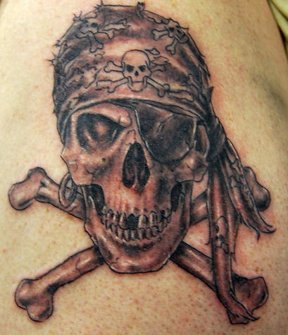 Cool Black Ink Pirate Skull With Crossbone Tattoo Design