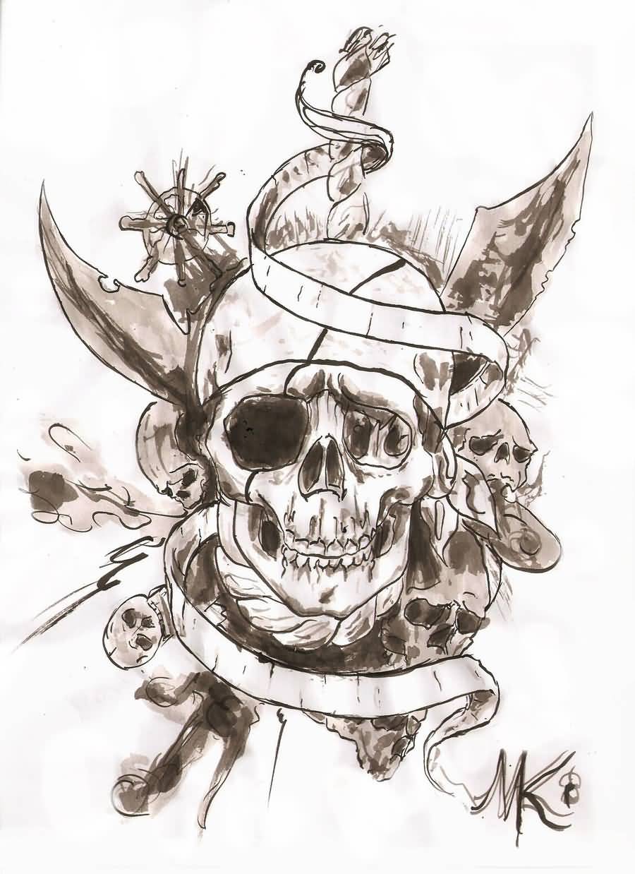Cool Black Ink Pirate Skull With Ribbon Tattoo Design