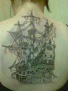Cool Black Outline Ghost Pirate Ship Tattoo On Girl Upper Back