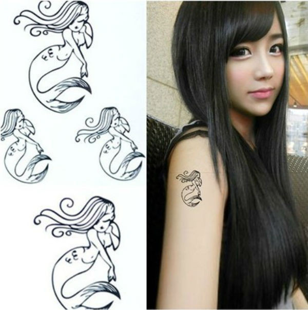 Cool Black Outline Mermaid Tattoo On Girl Right Shoulder
