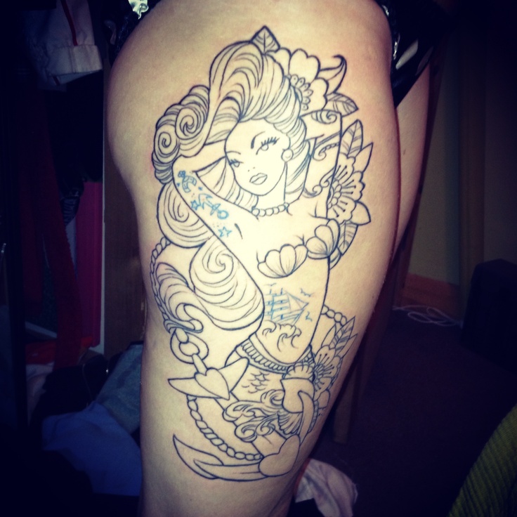 Cool Black Outline Mermaid Tattoo On Girl Right Side Thigh
