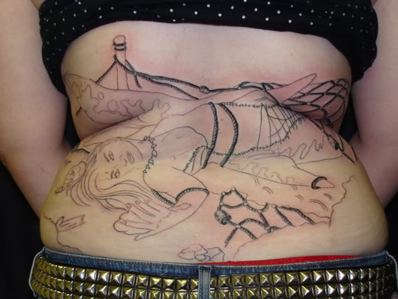 Cool Black Outline Mermaid Tattoo On Lower Back