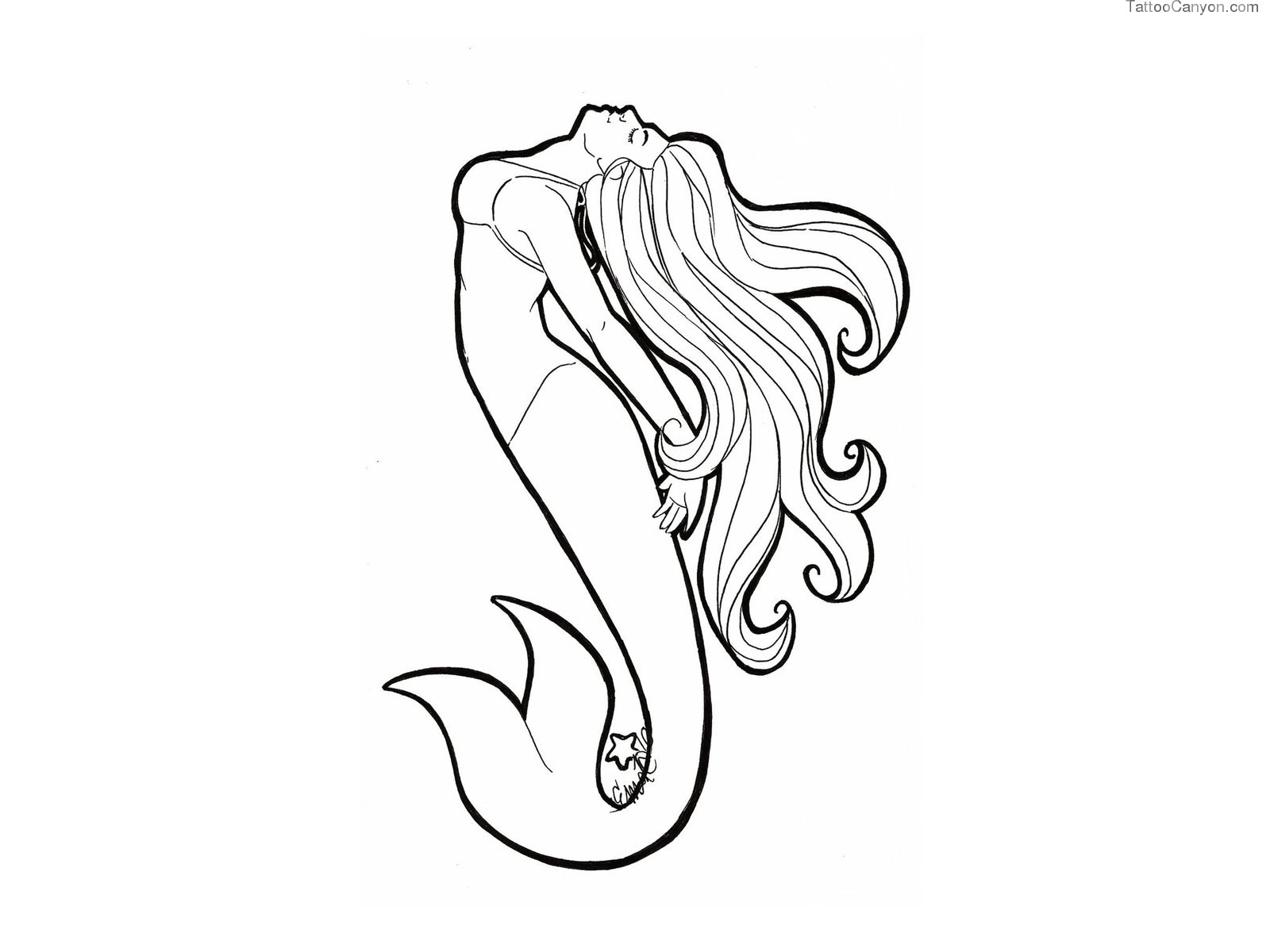 Cool Black Outline Mermaid Tattoo Stencil