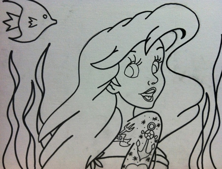 Cool Black Outline Mermaid With Ship Tattoo Design