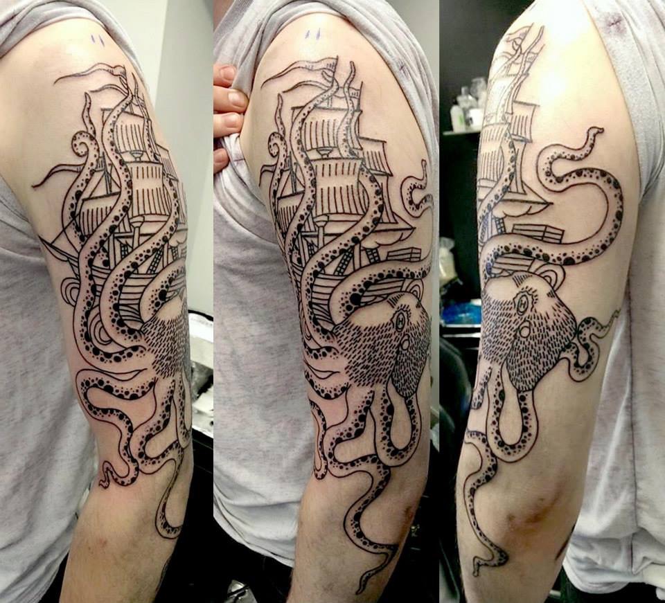 Cool Black Outline Octopus Tattoo On Man Left Half Sleeve