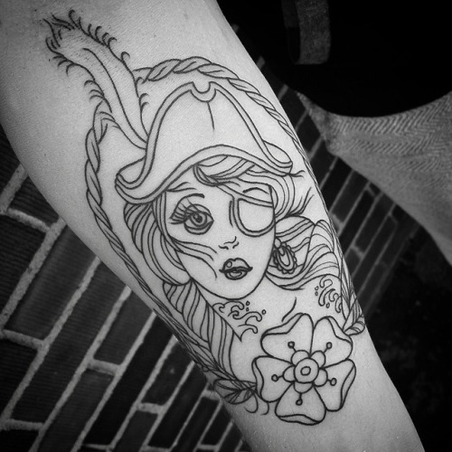 Cool Black Outline Pirate Girl Tattoo Design For Arm
