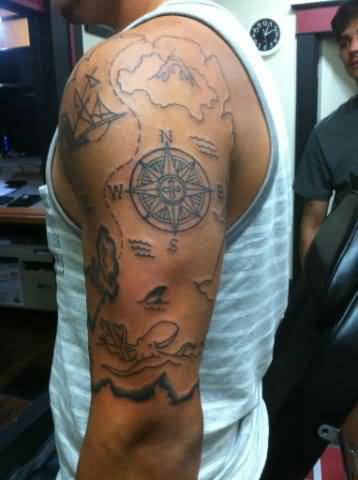 Cool Black Outline Pirate Map With Compass Tattoo On Left Half Sleeve