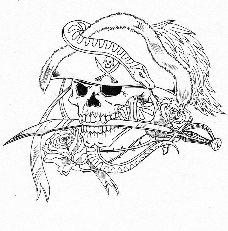 Cool Black Outline Pirate Skull With Roses Tattoo Stencil By Duckriff