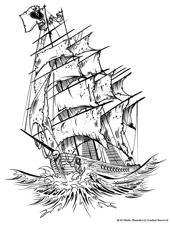 Cool Black Pirate Ship Tattoo Design