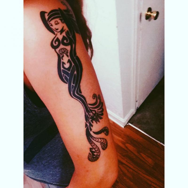 Cool Black Tribal Mermaid Tattoo On Left Half Sleeve