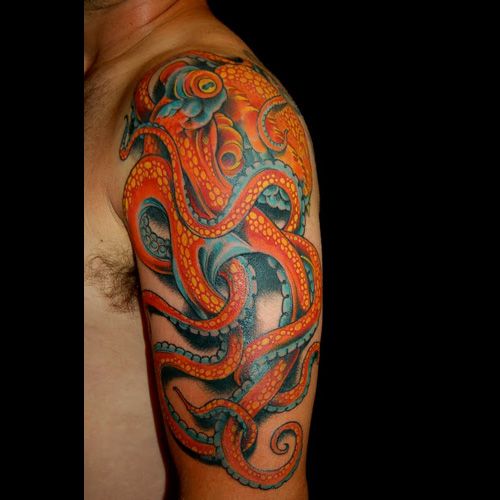 Cool Colorful 3D Octopus Tattoo On Man Left Half Sleeve
