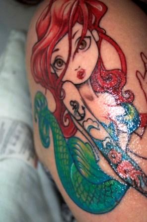 Cool Colorful Little Mermaid Tattoo On Right Shoulder