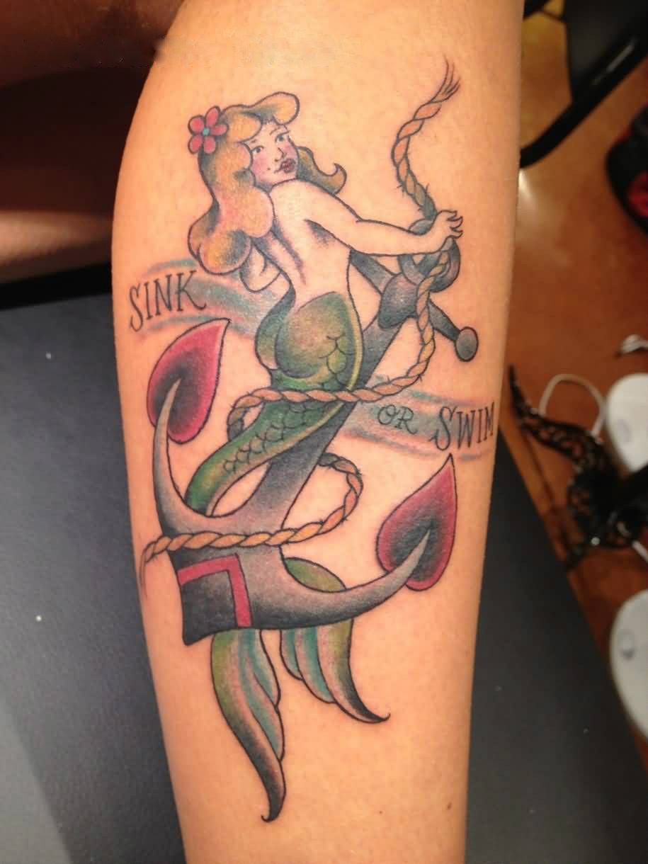 Cool Colorful Mermaid With Anchor Tattoo On Leg Calf