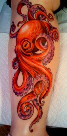 Cool Colorful Octopus Tattoo On Leg Calf