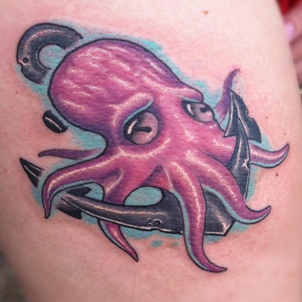 Cool Colorful Octopus With Anchor Tattoo Design