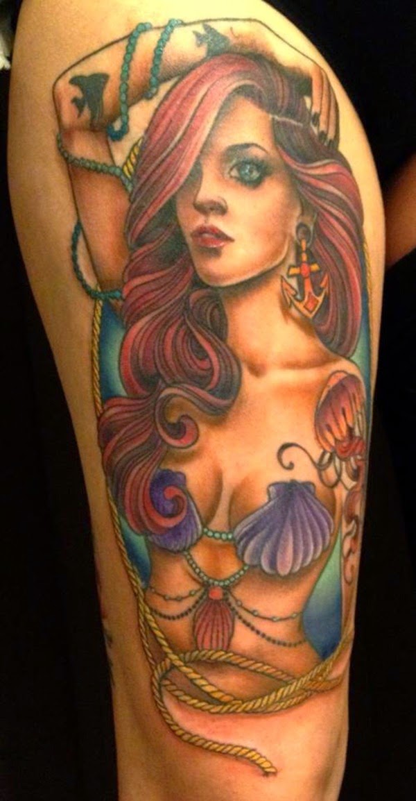 Cool Colorful Pin Up Mermaid Tattoo On Right Thigh