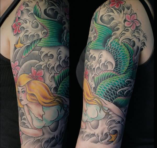 Cool Colorful Swimming Mermaid Tattoo On Half Sleeve