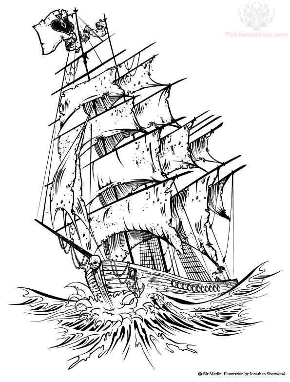Cool Ghost Pirate Ship Tattoo Design