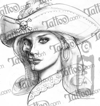 Cool Grey Ink Pirate Girl Tattoo Design