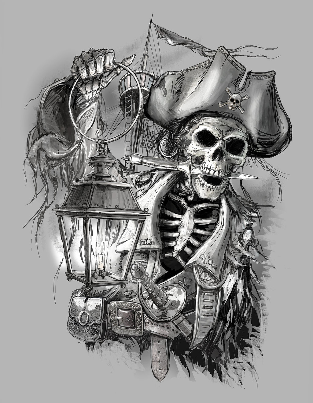 Cool Grey Ink Pirate Skeleton With Lamp Tattoo Design