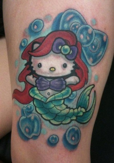 Cool Hello Kitty Mermaid Tattoo Design For Thigh