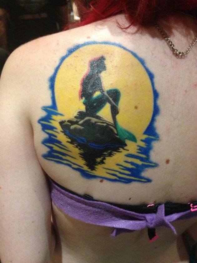Cool Little Mermaid Tattoo On Girl Left Back Shoulder