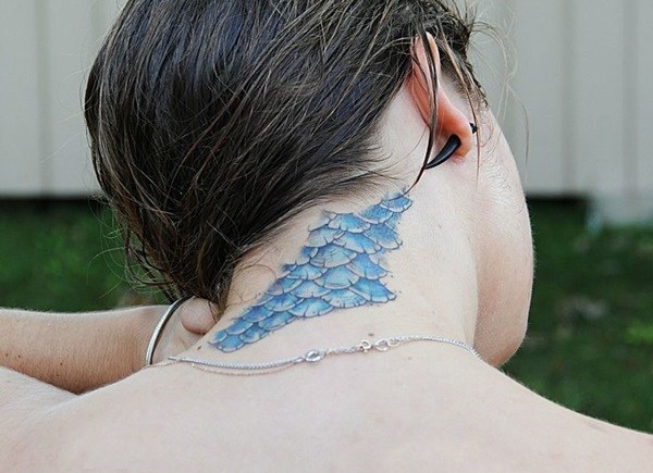 Cool Mermaid Scale Tattoo On Girl Back Neck