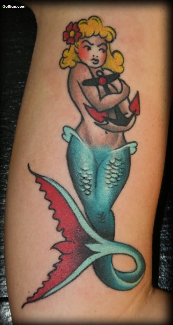 Cool Mermaid With Anchor Tattoo Design For Sleeve