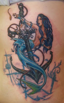 Cool Mermaid With Anchor Tattoo Design For Upper Back