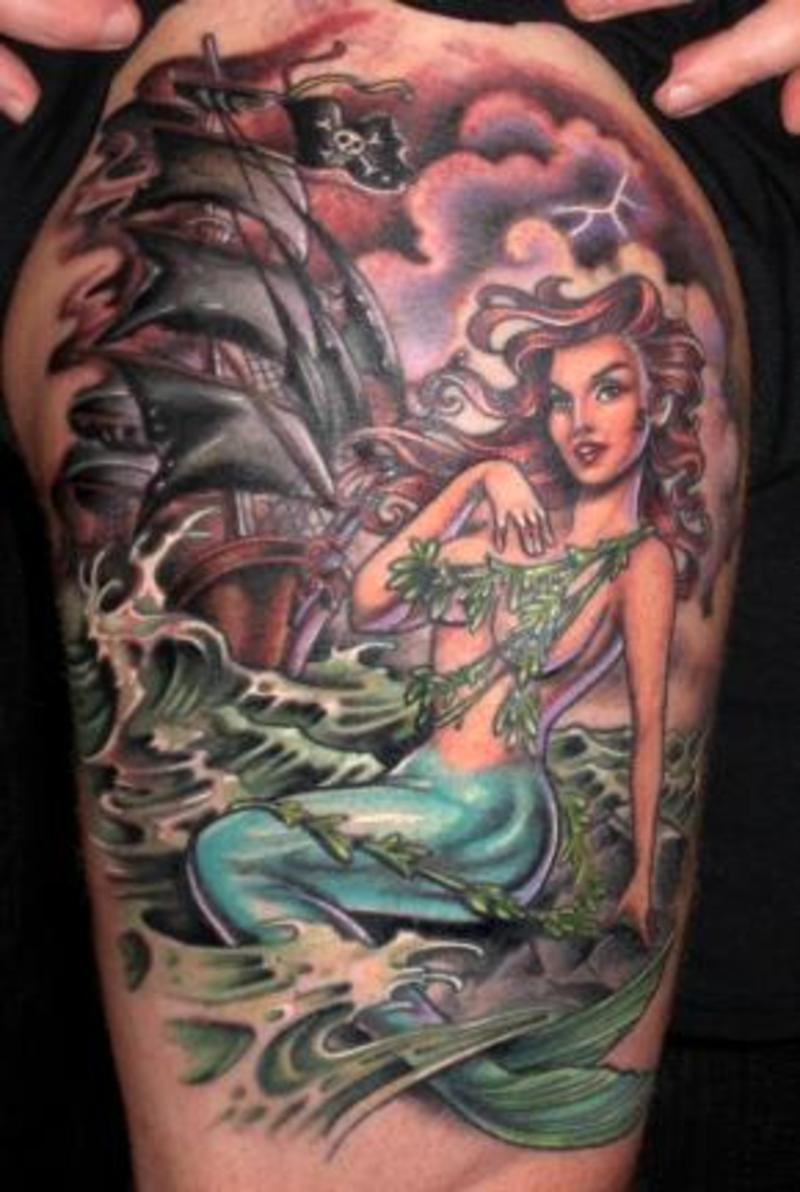 Cool Mermaid With Ship Tattoo Design For Half Sleeve