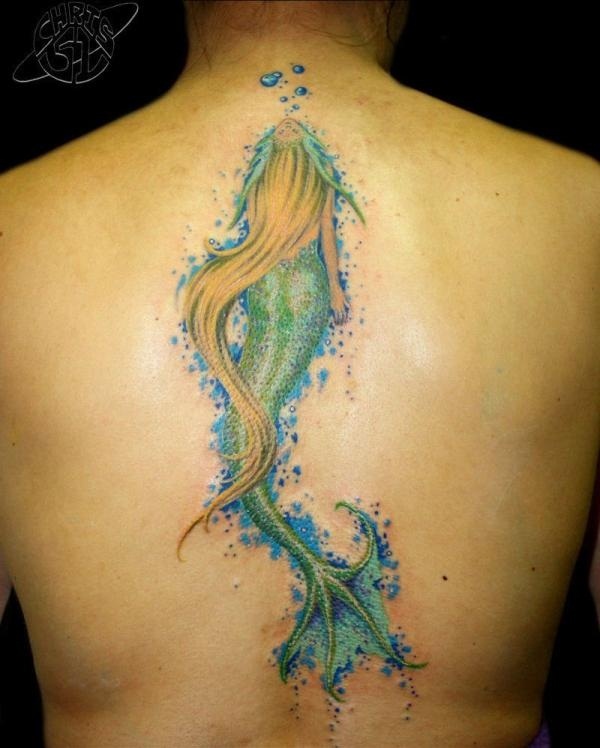 Cool Neo Mermaid Tattoo On Upper Back