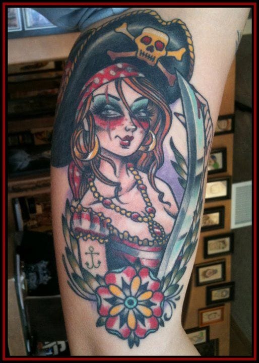 Cool Neo Pirate Girl Tattoo On Half Sleeve By Eric Juiken