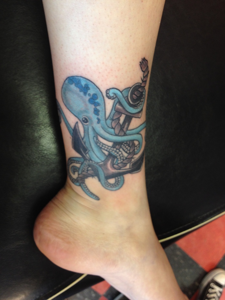 Cool Octopus With Anchor Tattoo On Leg