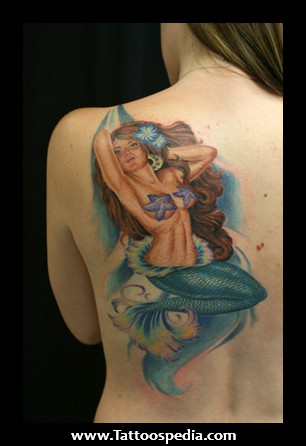 Cool Pin Up Mermaid Tattoo On Girl Left Back Shoulder