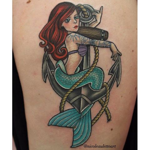 Cool Pin Up Mermaid With Anchor Tattoo Design For Half Sleeve