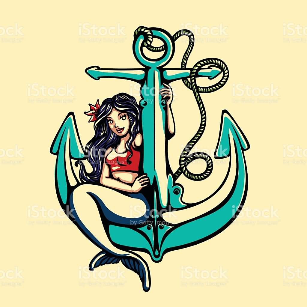 Cool Pin Up Mermaid With Anchor Tattoo Design