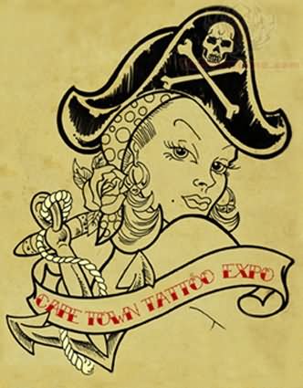 Cool Pirate Girl With Anchor And Banner Tattoo Design