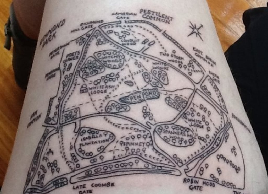 Cool Pirate Map Tattoo On Left Thigh