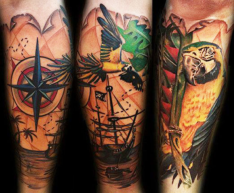Cool Pirate Map With Ship And Compass Tattoo Design For Leg