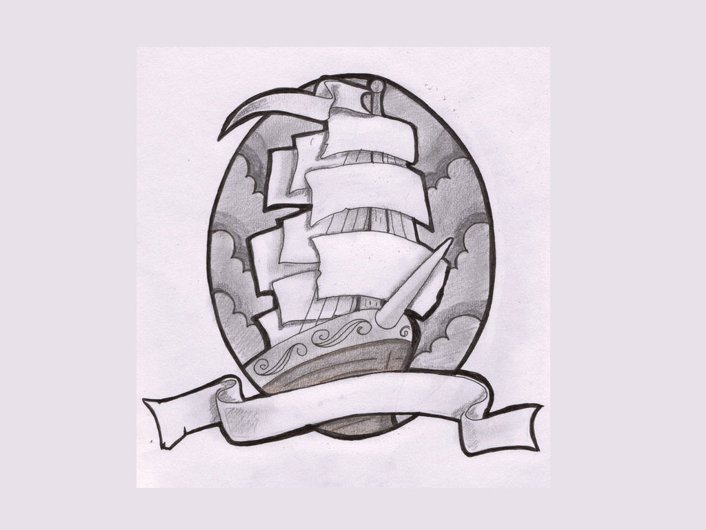 Cool Pirate Ship With Ribbon Tattoo Design