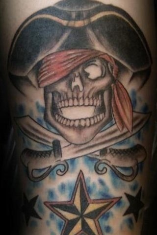 Cool Pirate Skull With Nautical Star Tattoo Design For Sleeve