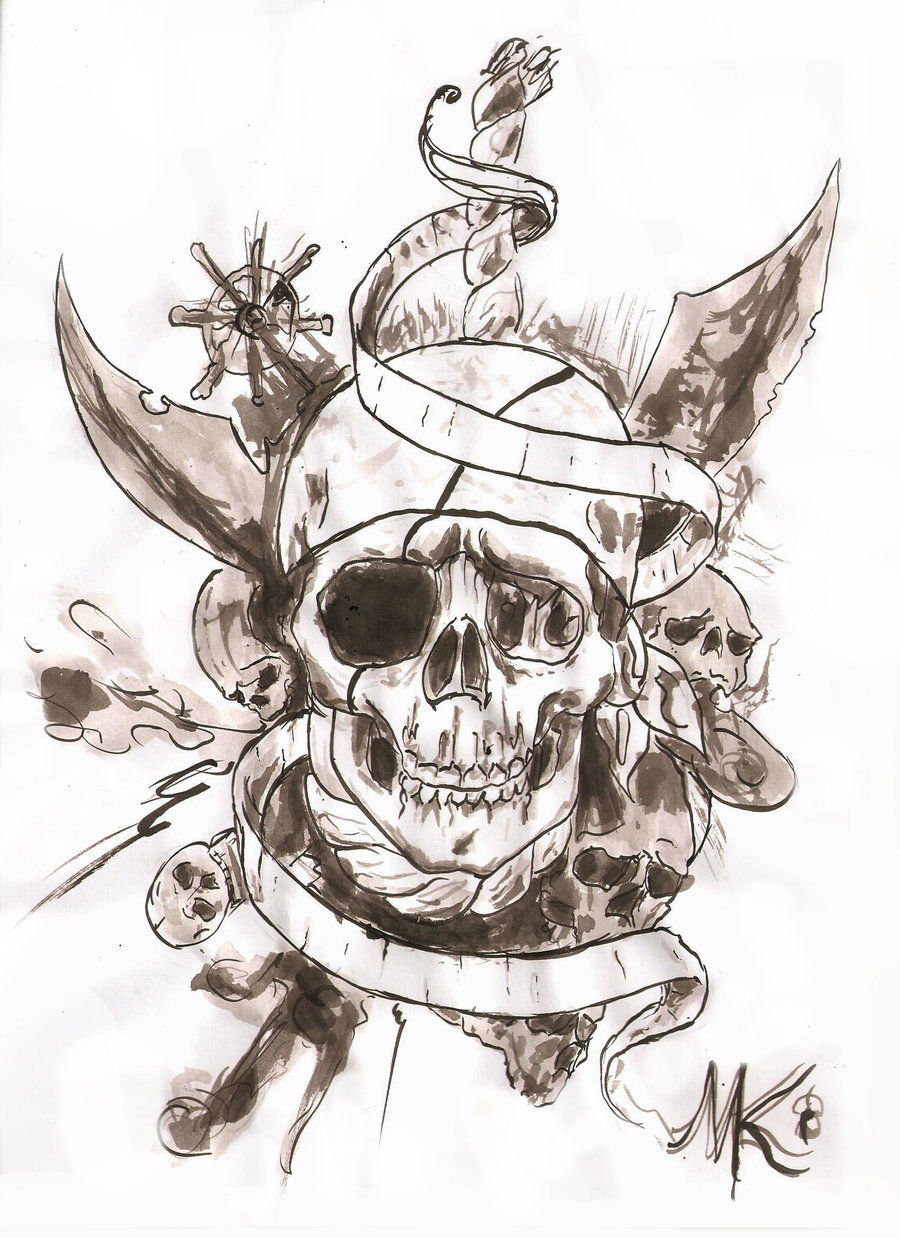 Cool Pirate Skull With Ribbon Tattoo Design