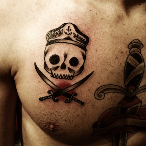 Cool Pirate Skull With Two Crossing Sword Tattoo On Man Right Chest