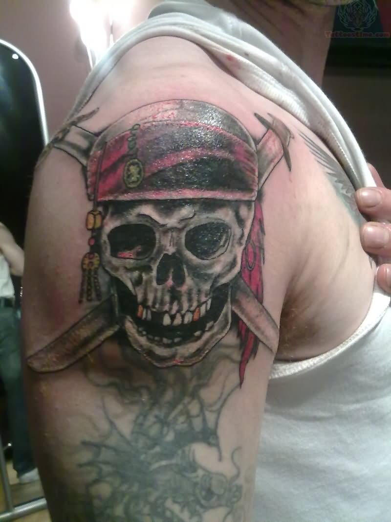 Cool Pirate Skull With Two Crossing Swords Tattoo On Right Shoulder